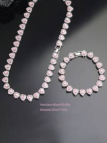 2pcs Set Attractive Light Pink Heart Shaped Cuban Link Necklace & Bracelet Set, Unisex, Hip Hop Style, Luxury Jewelry Set, Great Gift For Valentine's Day, Birthday, Christmas - Heart Shape - View 9