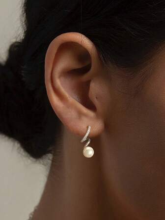 زوج من أقراط الفضة الإسترليني عيار 925 مزينة باللؤلؤ والأحجار الكريستالية، بتصميم بسيط وأنيق، أقراط قلادة أنيقة للنساء، هدية مجوهرات فاخرة للأم والصديقة والزوجة، للارتداء اليومي