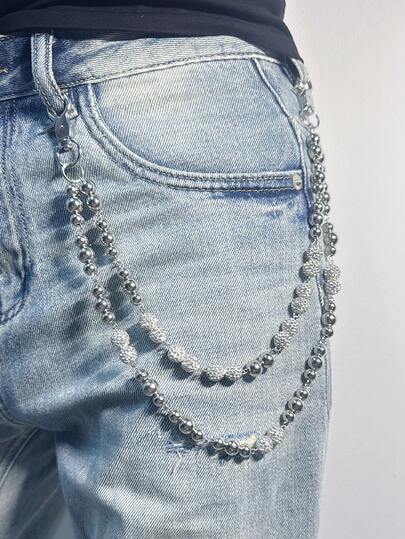 1 件嘻哈时尚双层男士腰链，陶瓷镶嵌全钻石球装饰，配 BBC 珠和人造珍珠，手工腰饰吊坠，男女皆宜，适合日常、约会、节日穿着