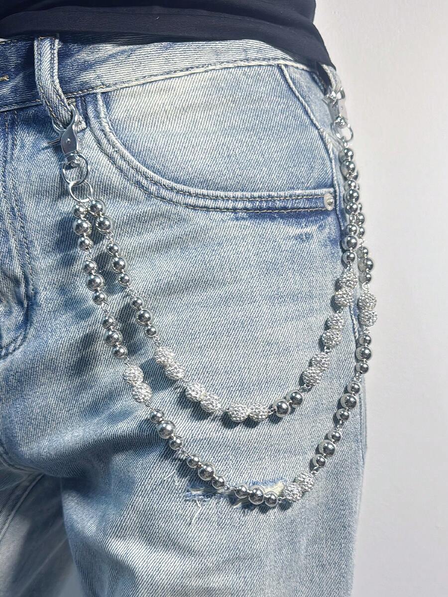 1 件嘻哈时尚双层男士腰链，陶瓷镶嵌全钻石球装饰，配 BBC 珠和人造珍珠，手工腰饰吊坠，男女皆宜，适合日常、约会、节日穿着 - 銀色 - 查看 1