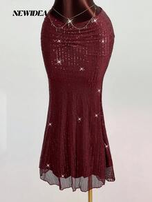 Spódnica damska z błyszczącej dzianiny, elegancka, na imprezę walentynkową - Burgund - Zobacz 6