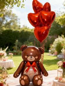 Brown Teddy Bear Foil Balloon With Colorful Bow Tie, Paired With Red Latex Balloons And Red Heart Shapes. Cute Sitting Pose Design, Suitable For Valentine's Day, Birthday, Wedding, Anniversary, Theme Events, Engagement, Home Decor, Photo Props, Party Decorations - Multicolor - View 10