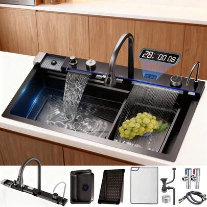 Küchenspüle Doppelbecken-Wasserfallspüle mit LED-Anzeige, Wasserfall-Mischbatterie, Arbeitsplattensteuerung, Glasreiniger und Tassenwaschanlage, bestehend aus einer Küchen-Spüle im Workstation-Stil mit funktionalen Komponenten.(75 cm * 45 cm)
