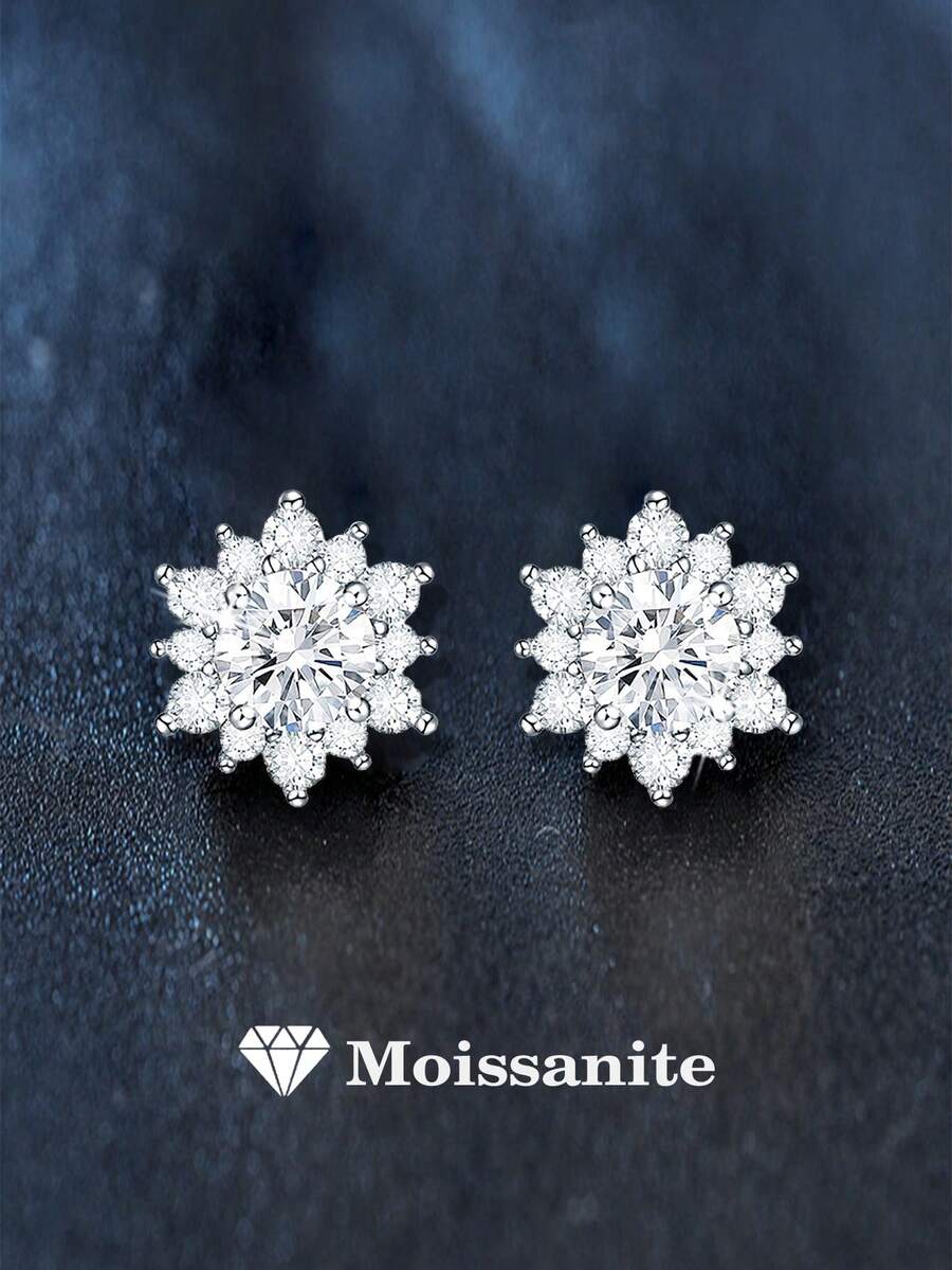 2pcs 925 Silver 0.5Carat X 2 Moissanite Snowflake Stud Earrings, Fashionable & Sweet, Suitable For Women's Daily Wear, Parties, Commuting, Valentine's Day, Mother's Day, Wedding, Anniversary, Birthday, Bridal Jewelry Gift