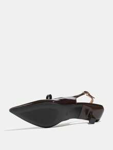 Tacones de aguja de gatito con un solo tirante y decoración de lazo para mujer, elegantes, sexys, para fiestas, bodas, al aire libre, citas, regalos de cumpleaños, trabajo, todo el año, tacones altos color marrón oscuro