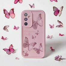 1pc Pastel Pink Butterfly & English Text Cute Cartoon Creative Minimalist Aesthetic Soft Phone Case, Matte Pink Lens Frame Stepped Design Full Protection, Compatible With Samsung Galaxy Series A54/A53/A52(A52S Compatible)/A34(5G)A32(5G)/A14(5G)/A13 5G/A04S/S21/S21U/S22/S22U/S23/S23+/S23U And S24 Series A15/A35(5G)/A55(5G)/A25(5G) Waterproof Shockproof Anti-Fall Scratch Resistant - 粉色 - 查看 3