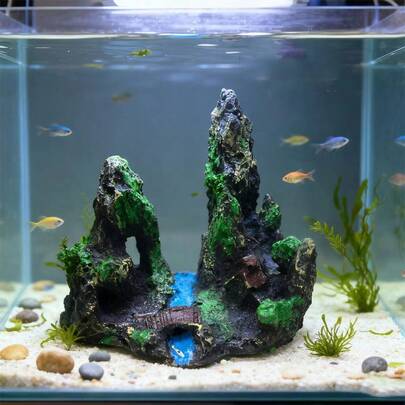 Resin Aquarium Landscape Fake Mountain Rock, Simulated Rockery With Cave, Suitable For Fish & Shrimp Hiding, Aquatic Plant And Decorative Stones