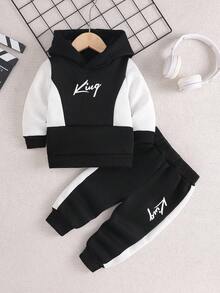 Set de 2 piezas de sudadera con capucha y pantalones casuales con estampado de letras y parches para niños, para otoño/invierno