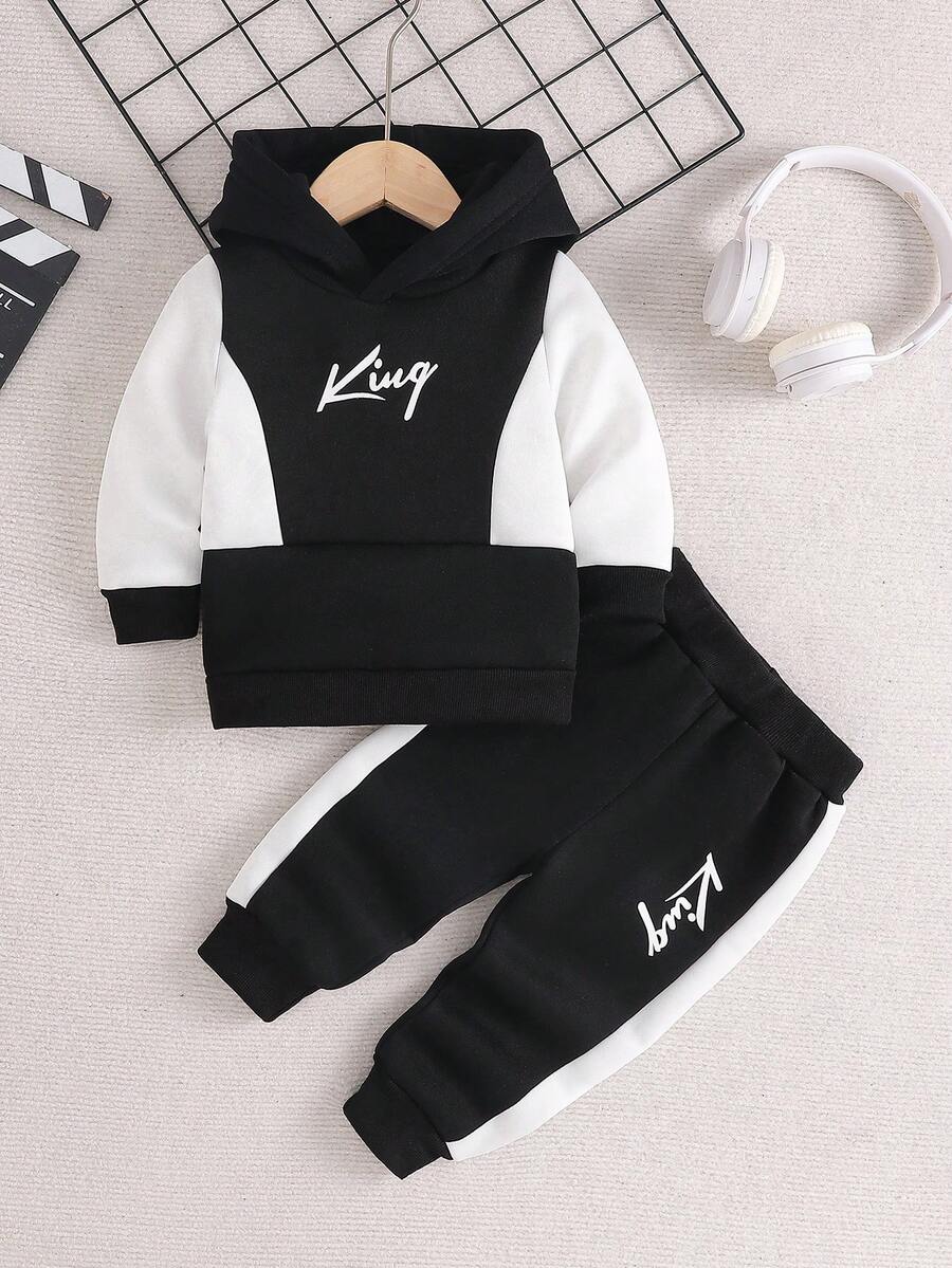 Set de 2 piezas de sudadera con capucha y pantalones casuales con estampado de letras y parches para niños, para otoño/invierno