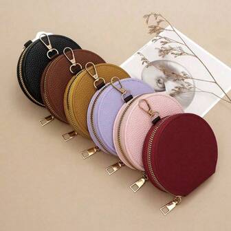1pcs Women's Zipper Purse Portable Mini Round Earphone Pouch With Litchi Texture Key Holder Bag Wallet Purse Wallet Mini Wallet Coin Wallet