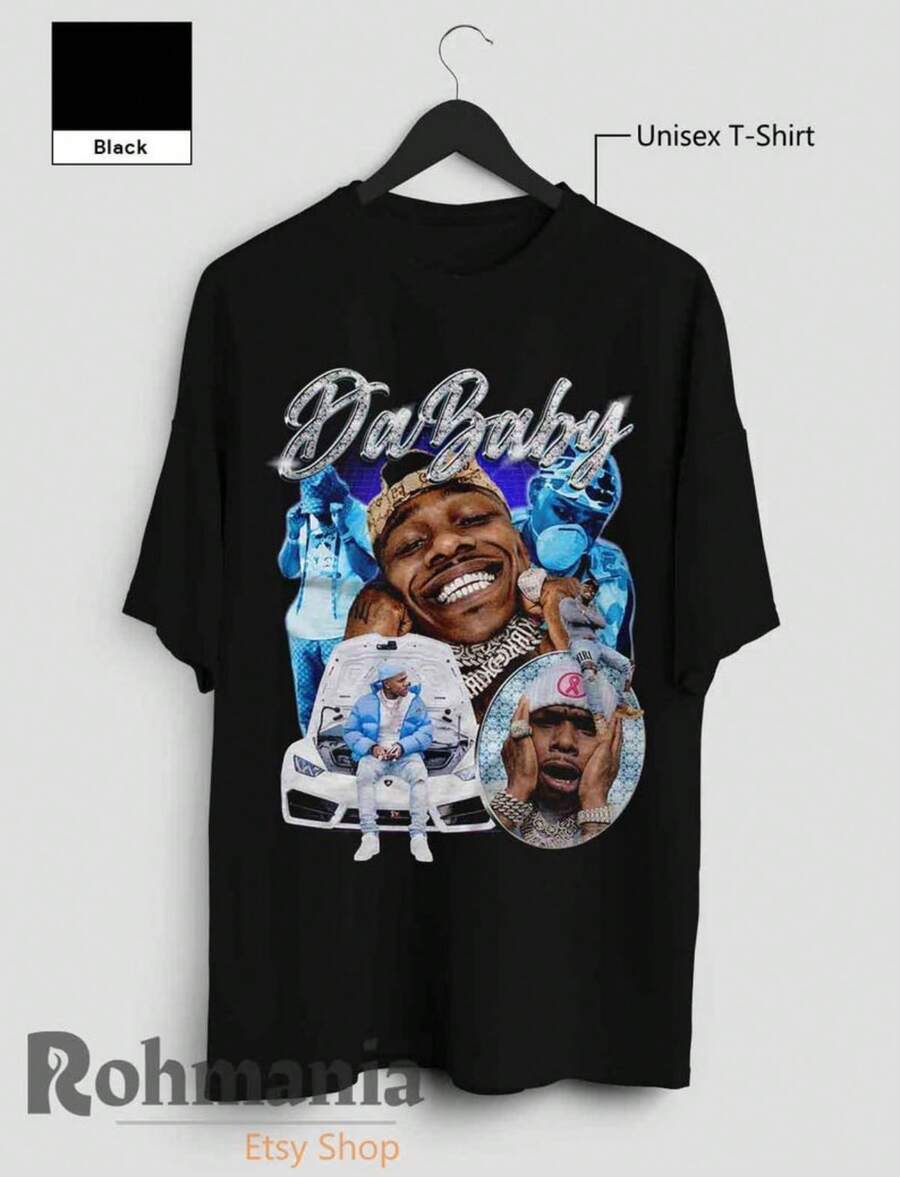 DaBaby Rapper T Shirt, Trap Hip Hop Music Merch Shirt, 90s Retro  Casual T-Shirt - 黑色 - 查看 1