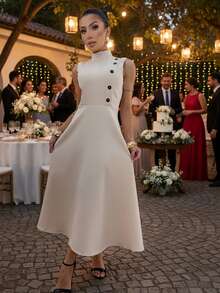 High Neck Midi Dress Flared Dress With Marked Waist Premium Tailoring Elegant With Front Buttons | Women's Fashion 2025 Evangelical Fashion | Sophisticated Look For Party, Work And Casual Chic - 杏色 - 查看 8