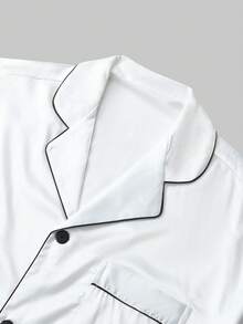 男式加大码撞色滚边翻领短袖衬衫和短裤家居服套装