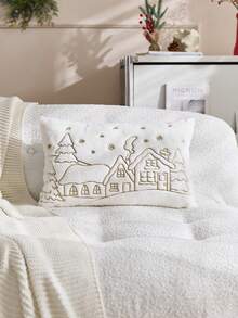 1 pièce Housse de coussin décorative de Noël en fausse fourrure avec motif de maison et sapin de Noël brodé, convient pour la décoration intérieure, housse de coussin décorative de Noël, insert de coussin non inclus