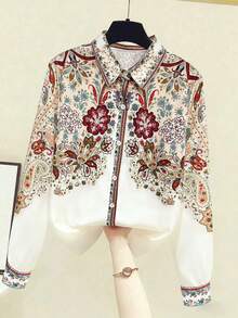 Women's Elegant Digital Placement Print Long Sleeve Blouse, Suitable For Casual Commuting Wear, Halloween, Christmas