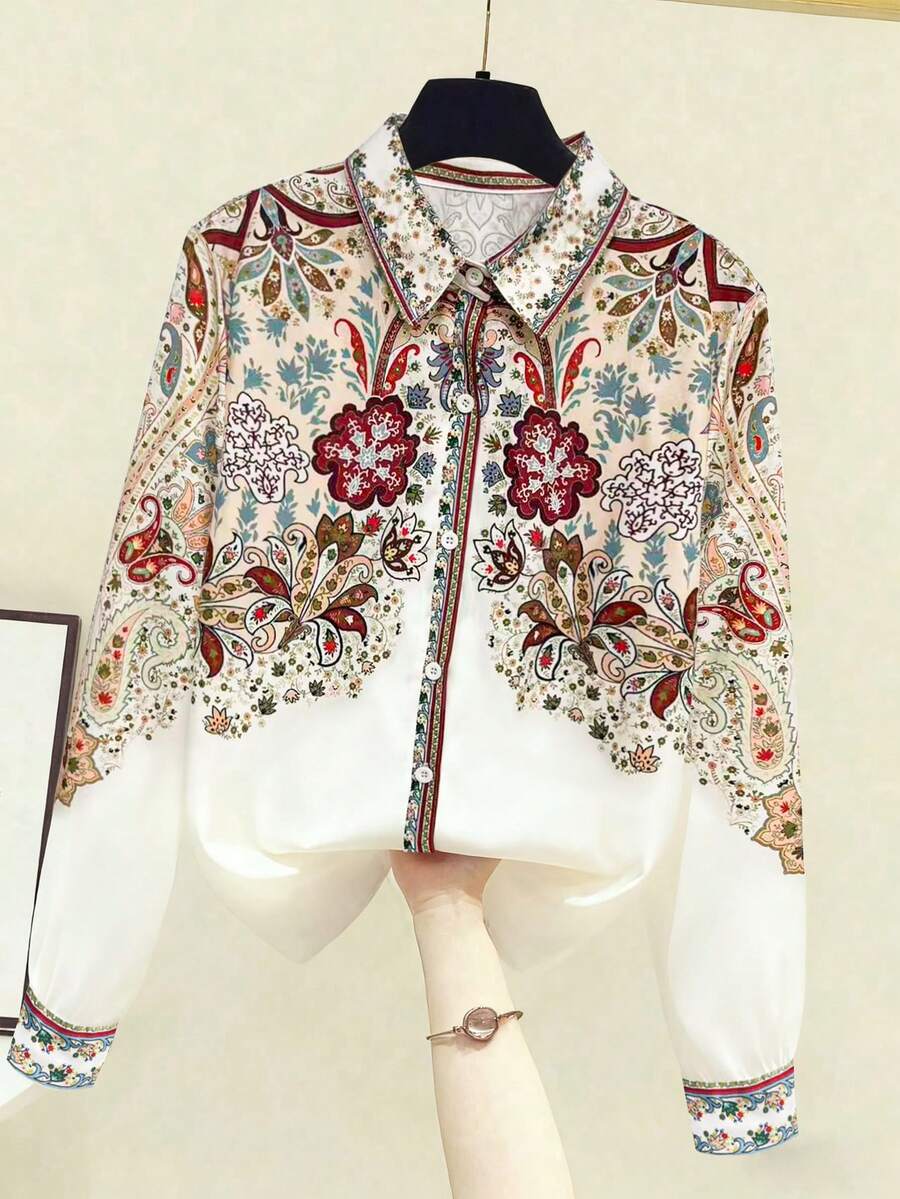 Women's Elegant Digital Placement Print Long Sleeve Blouse, Suitable For Casual Commuting Wear, Halloween, Christmas