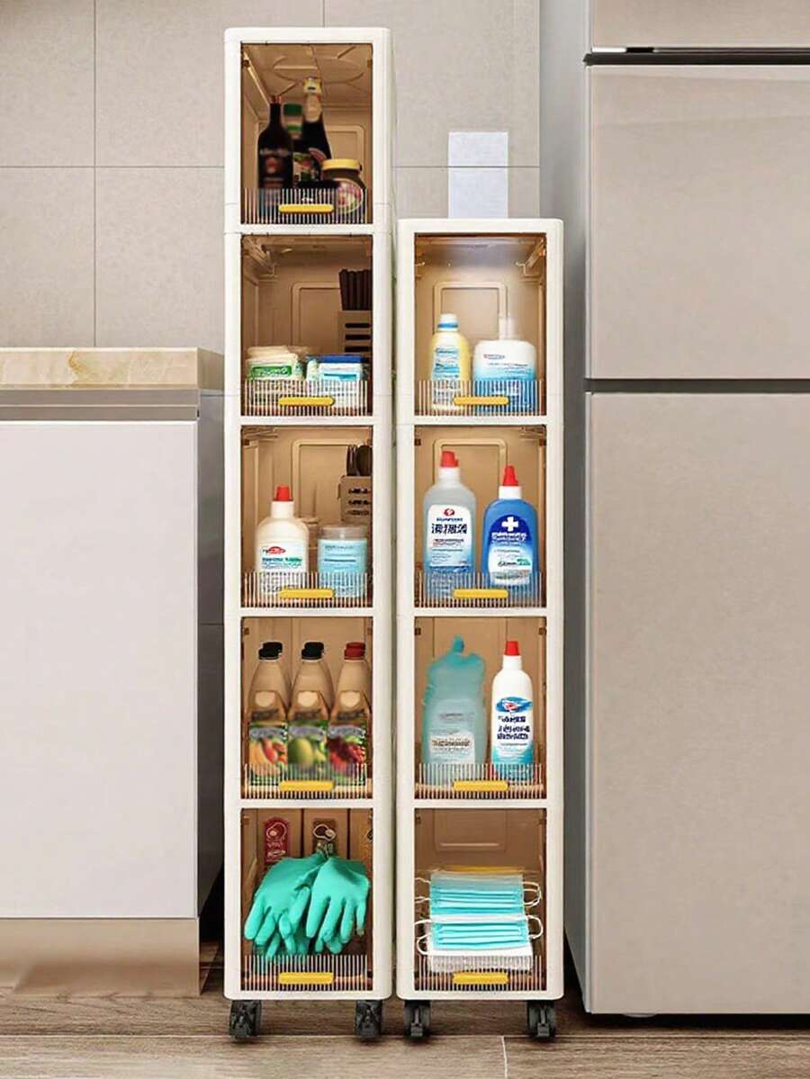 3/4 Layers Narrow-Gap Storage Cabinets, Narrow Storage Cabinets For Kitchens And Bathrooms, Multi-Layer Shelves With Drawer Gaps, Light Luxury Bathroom Gap Cabinets, Floor-Standing Cabinets, Used For Organizing Home Storage Boxes And Household Items - 白色 - 查看 1