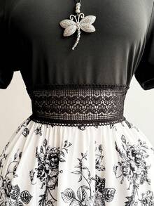 Rusttydustty Plus Size Women's Bohemian Style Tea Party & Daily Floral Print Color Block Square Neck Maxi Dress - Black and White - View 5
