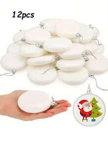 12packs 8cm/3.15in White Shallow Spheric Blank Ball Ornaments With Silvery Wire, DIY Christmas Tree Hanging Ornaments For Christmas, Festival Decorations For Home, Office, Best Gift Home Decor Christmas Decorations Room Decor Winter