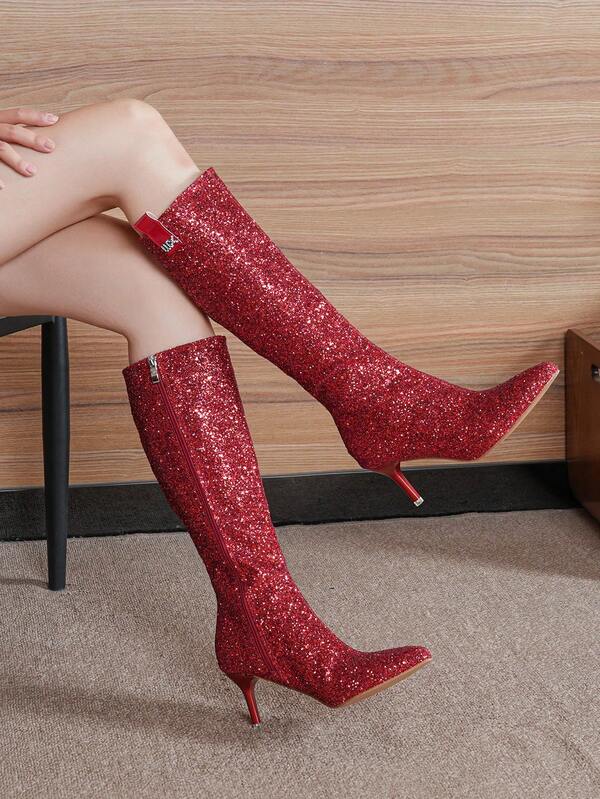 بوت نسائية عالية الكعب مطلية بالكهرباء ذات سحاب جانبي، بوت حفلات مثيرة للمرأة ذات المقاسات الكبيرة موديل 2025 متعددة الاستخدامات
