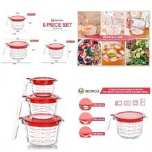 Juego de 6 tazas medidoras de vidrio con tapas, 1 - 2 - 4 tazas medidoras lquidas para cocina - Rojo - - Ver 1