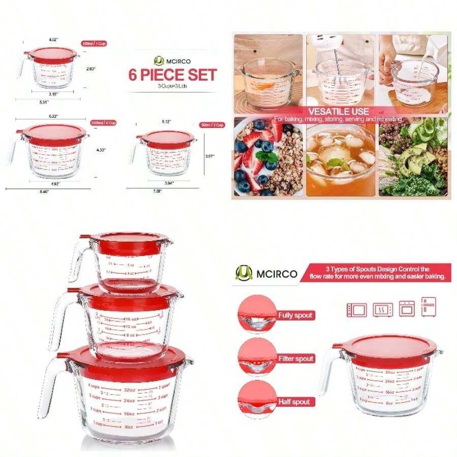 Juego de 6 tazas medidoras de vidrio con tapas, 1 - 2 - 4 tazas medidoras lquidas para cocina - Rojo - - Ver 1