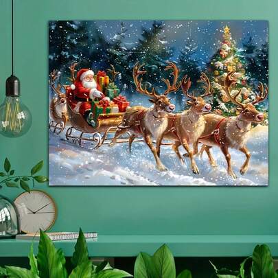1 pièce Peinture sur canevas de Père Noël et traîneau de renne, décoration de Noël, décoration murale moderne pour une atmosphère chaleureuse, art mural sans cadre, convient pour le salon, la chambre à coucher, la salle à manger et le bureau. Cadeau de Noël idéal