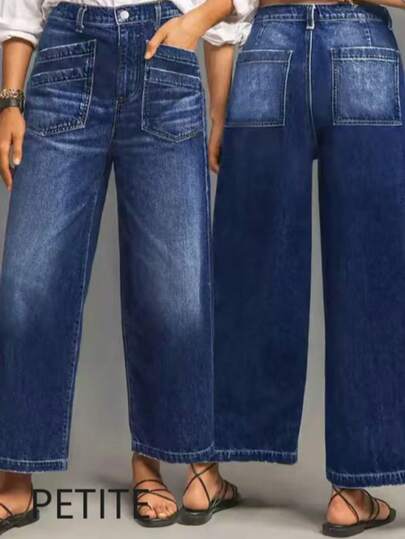 Petite Women Stretchy Jeans, Fashionable Loose Wide Leg Pants, Straight Leg Jeans Casual