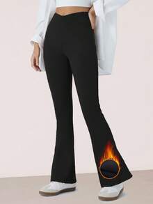 RUNONWHEELS 5 女士无缝喇叭瑜伽裤，高腰阔腿设计，具有收腹提臀功能，冬季保暖内衬 - 黑色 - 查看 9