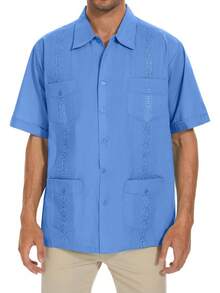Mens Short Sleeve Button-Down Guayabera Shirts For Men Cuban Embroidered Pleats Beach Shirts…Halloween - Lakeblue - View 2