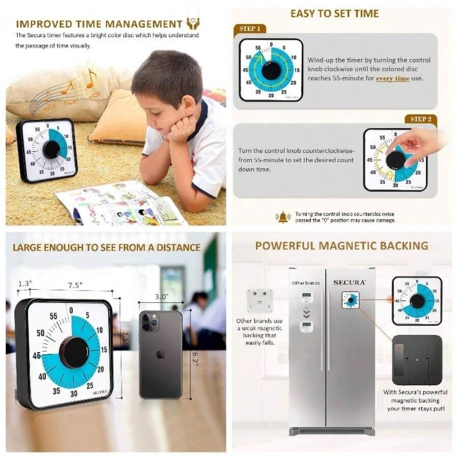 Temporizador Visual de Cuenta Regresiva de 60 Minutos, Temporizador Visual de Aula de tamao de. 5 Pulgadas para nios y Adultos, Reloj mecnico Duradero de Cocina con Respaldo - Azul - Ver 1