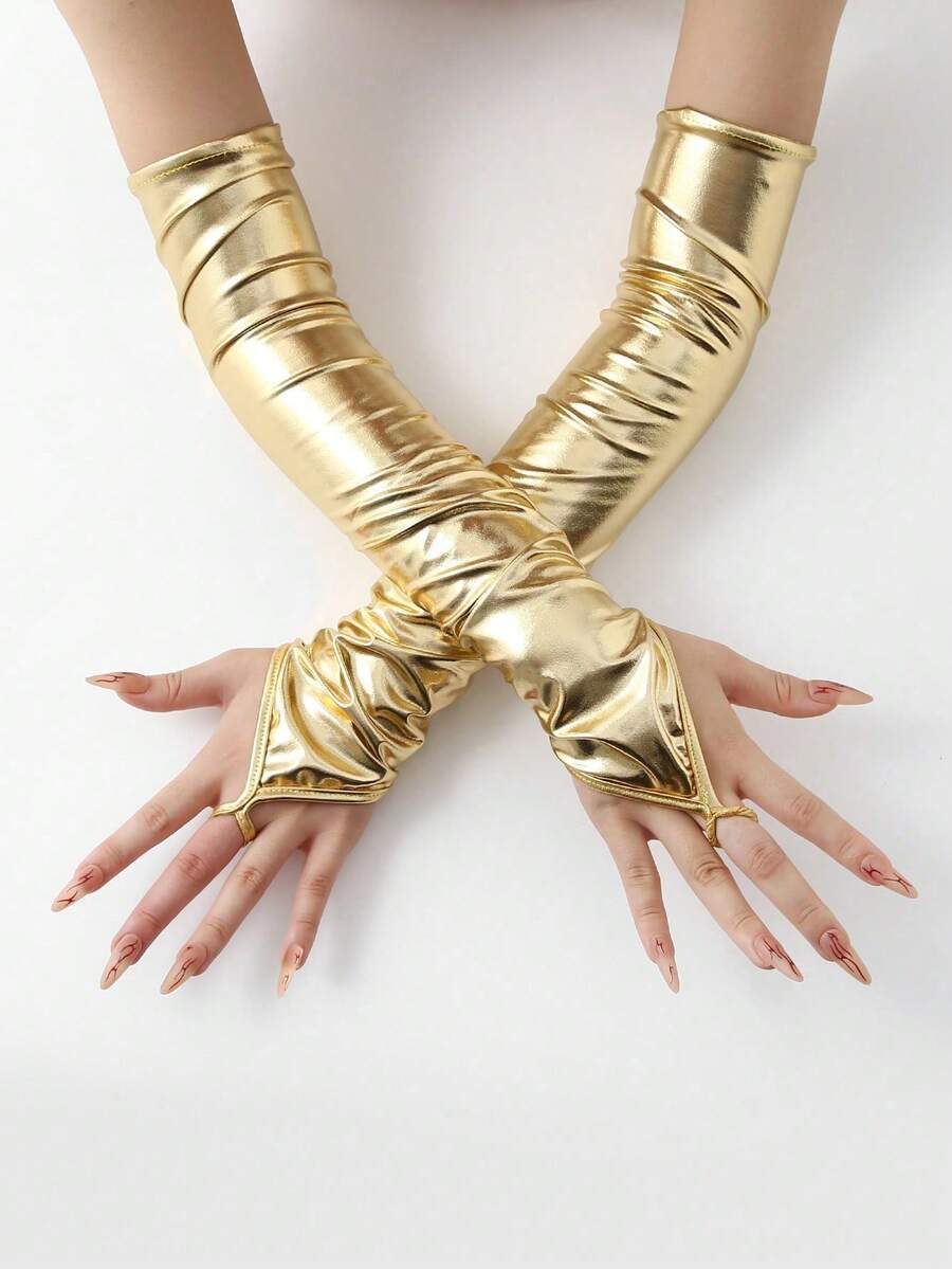 1 par de guantes sin dedos largos de piel de PU para mujeres, guantes sexy sobre el codo para fiestas, bodas y decoración - Multicolor - Ver 1