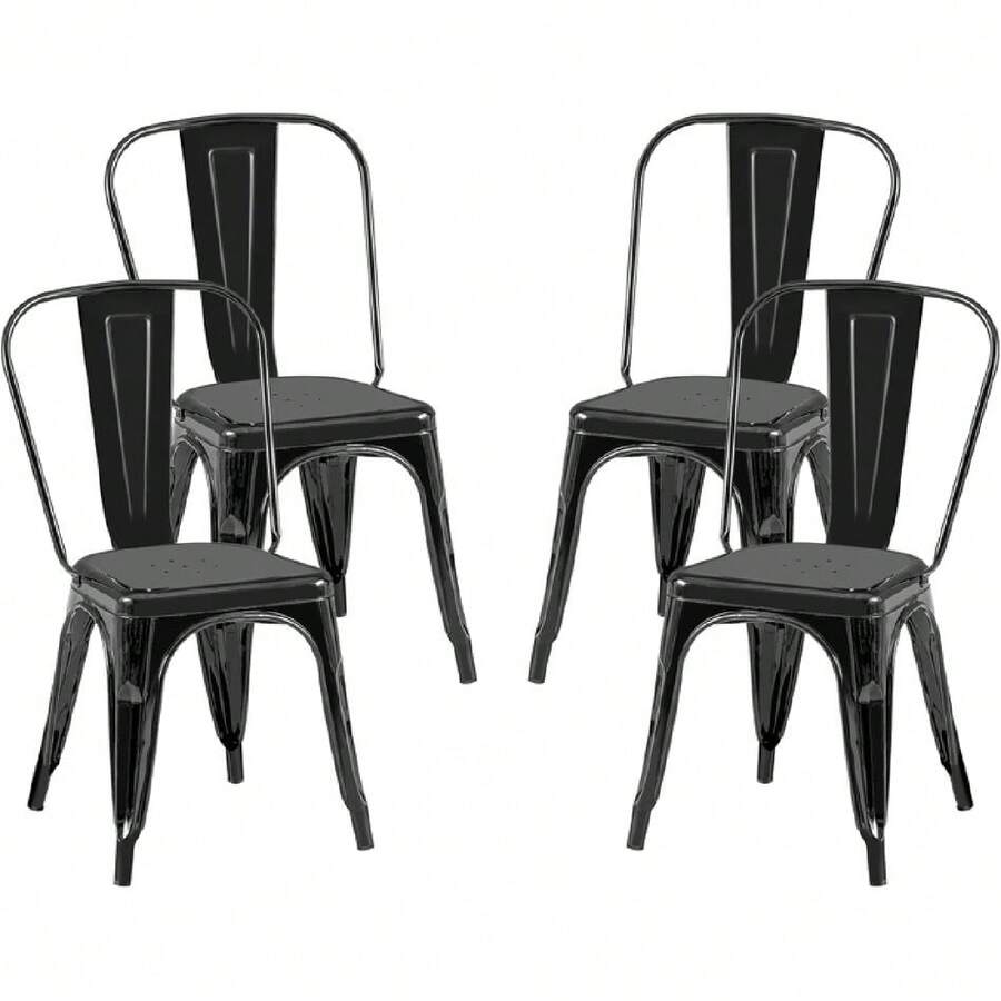 Stackable Metal Dining Chairs Set Of 4 For Indoor And Outdoor Use, Durable Stacking Seat, Farmhouse Kitchen, Bar, Patio, Bistro, Cafe, Industrial Style, High Gloss Black,22720381,Space Saving, Patio Balcony - 黑色 - 查看 1