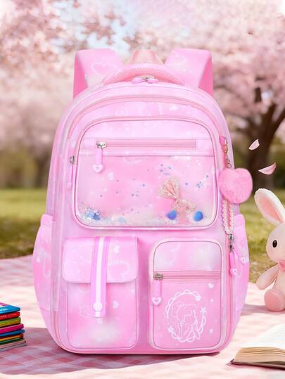 1 pezzo Zaino con stampa di principessa cartoni animati e ciondolo a forma di cuore in peluche, design apertura a 180°, chiusura con cerniera, multi-tasche, adatto per scuola, lavoro, viaggio, sport, pendolarismo, uso quotidiano, grande capacità, pieghevole, ottimo regalo