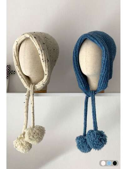 1 件多巴胺条纹针织针织帽，秋冬毛绒加厚保暖护耳条纹拼布蓬松捕手帽，女士秋冬保暖耳罩帽，蓬松编织针织帽