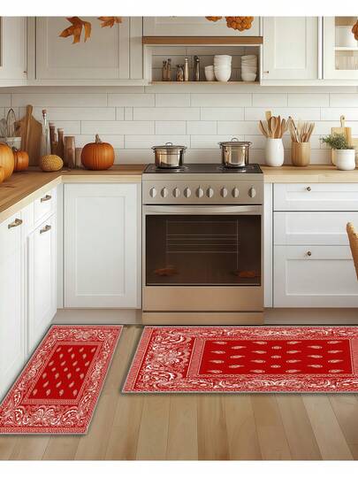 1/2/3pcs Vintage Red Memory Foam Soft Cushion Floor Mat, Non-Slip Decorative Kitchen Carpet And Bathroom Mat, Suitable For Home And Room Decor