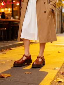 Women's Round Head Thick Bottom Chunky Heel Single Shoes T Buckle Strap Mary Jane Women's Shoes - 棕色 - 查看 3
