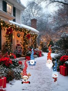 4pcs Christmas Garden Sign Set - Art Deco Style Santa And Reindeer Courtyard Sign, Durable Plastic Material, Outdoor Holiday Decoration, Suitable For Lawn Display, Outdoor Christmas Decorations, Christmas Courtyard Lawn Decorations, Indoor And Outdoor Decorative Sign Marker