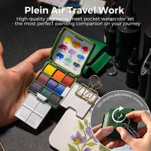 Pocket Watercolor Set, Travel Artist Outdoor Sketch Watercolor Kits With 2 Foldable Watercolor Palettes, Portable Leather Case And Metal Clip, Art Lovers