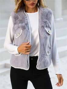 Women Faux Fur Coats - Grey - View 3