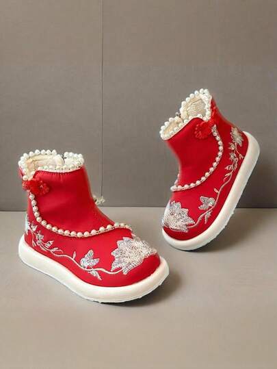 儿童刺绣羊毛踝靴，中式童鞋，舒适百搭，珍珠装饰，适合搭配汉服，红色手工刺绣婴儿鞋
