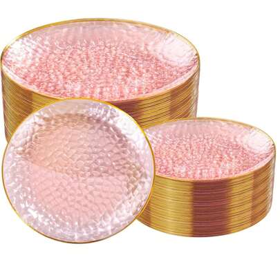 50/25/10/5/1 Pcs Transparent Pink Wavy Gold Rim Plates, 7.5 Inch/10.25 Inch Dinner Plates, Suitable For Outdoor Gatherings, BBQs, Western Meals, Family Parties, Team Building, Weddings, Parties, Restaurants, Kitchens, Christmas And Other Holidays