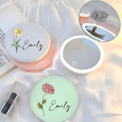 1PC Custom Personalised Compact Mirror With Light 1x/2x Custom Make Up Mirror Pocket Mirrors Travel Mirror Double Sided Magnifying Cosmetic Mirrors
