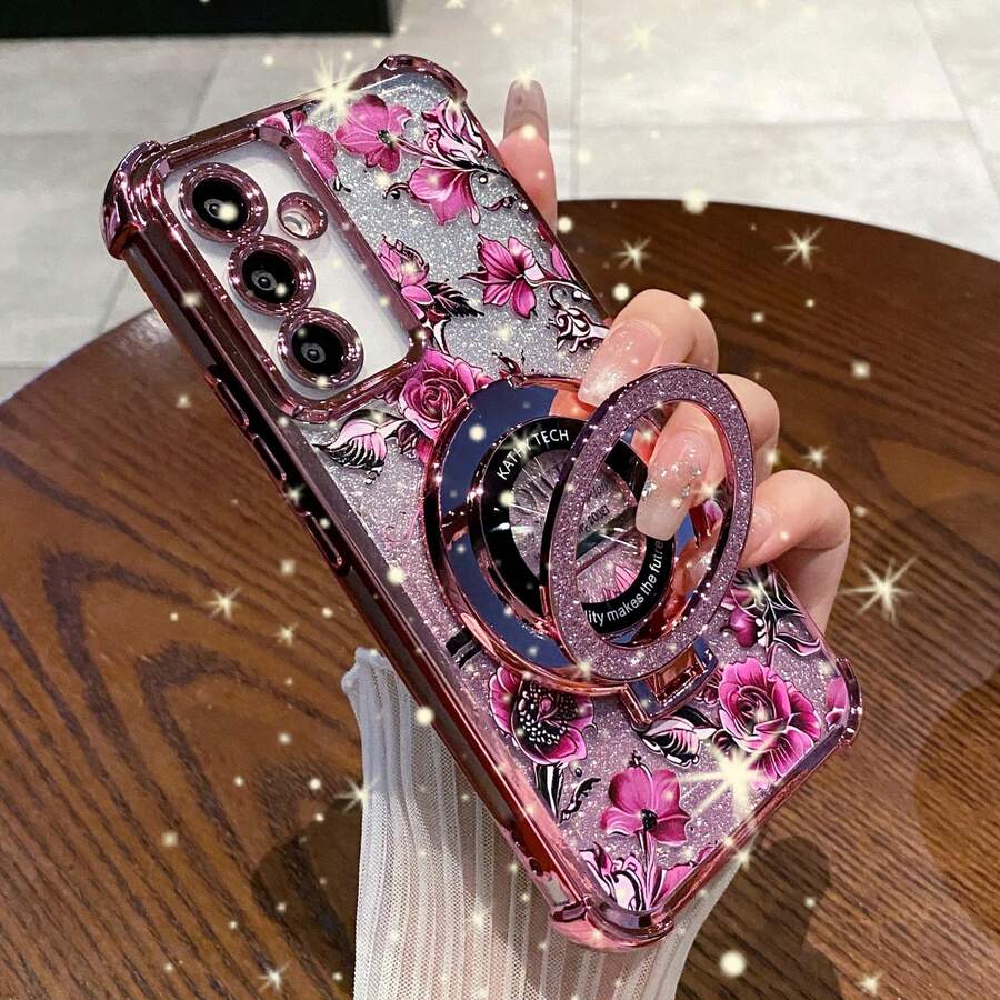 花朵图案单件电镀防摔手机壳，兼容 17 Pro Max/16 Pro Max/15/14 Pro/13/12/11/XR/XS Max/8，Galaxy S25系列，S24系列，S23系列，S22系列，A05，A35，A55，国际版，非国内版 - 粉色 - 查看 1