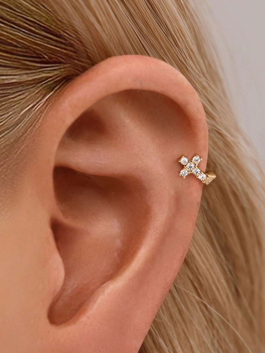 1只925纯银镶嵌十字形耳夹耳环，金色花朵星空耳夹耳环，适合女性日常佩戴（单只出售，非一对）