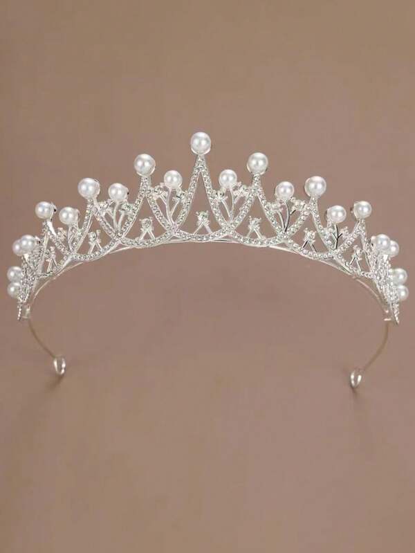 1pc Pearl & Rhinestone Decor Lovely Crown Headband For Kids