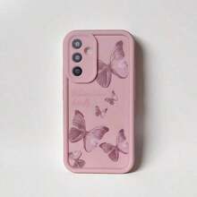 1pc Pastel Pink Butterfly & English Text Cute Cartoon Creative Minimalist Aesthetic Soft Phone Case, Matte Pink Lens Frame Stepped Design Full Protection, Compatible With Samsung Galaxy Series A54/A53/A52(A52S Compatible)/A34(5G)A32(5G)/A14(5G)/A13 5G/A04S/S21/S21U/S22/S22U/S23/S23+/S23U And S24 Series A15/A35(5G)/A55(5G)/A25(5G) Waterproof Shockproof Anti-Fall Scratch Resistant - 粉色 - 查看 6