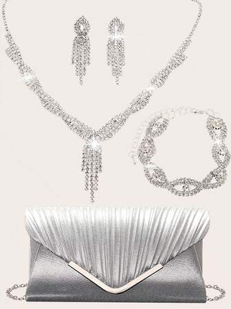 Smyckeset med strass, bling, halsband, örhängen, armband, set för kvinnor, aftonväska, brudväska, bröllop, glittrande kuvertväska för kvinnor, balväska med avtagbar metallkedja, för bröllop och fest, axelväska för kvinnor, kuvertväska för damer, handväska för kvinnor, mångsidig glitterväska, cocktailparty, bröllop, ny plånbok, bankettväska för brud och brudtärnor