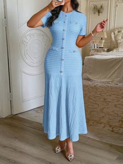 Unadoll Women's Spring Round Neck Short Sleeve Faux Pocket Decorative Button Fabric Elegant Teacher Outfit, Suitable For Dates, Outings, Birthdays, Parties, Travels, Valentine's Day And Other Occasions Summer