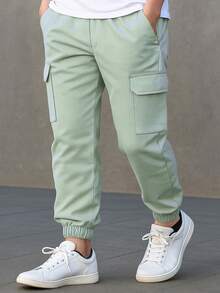 3 pièces/Set Pantalons cargo à la mode pour garçons, pantalons décontractés ample avec cordon de serrage à la taille et grandes poches, convient pour les sports de plein air, automne/printemps - Multicolore - Voir 2